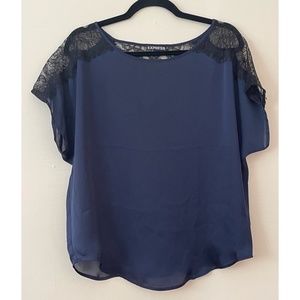 Express S | Blue Lace Back Short Sleeve Satin Top